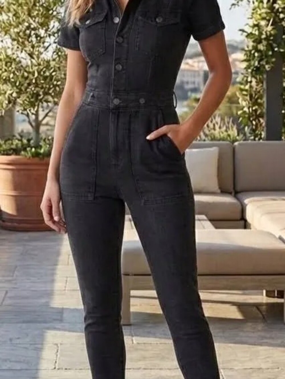 Black Short-Sleeve Denim Jumpsuit